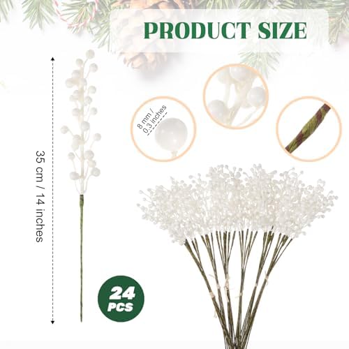 24 Pack White Artificial Berry Stems for Christmas Decor