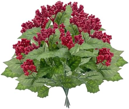 Artificial Holly Berries with Green Leaves 4Pcs