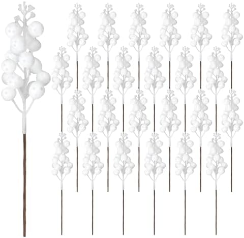24 Pack Glitter Artificial Berry Stems 9 Inch Xmas Decorations