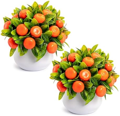 2PCS Artificial Potted Fruit Plants Tangerine Faux Bonsai