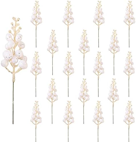 20 Pack White Glitter Berry Stems for Christmas Decor