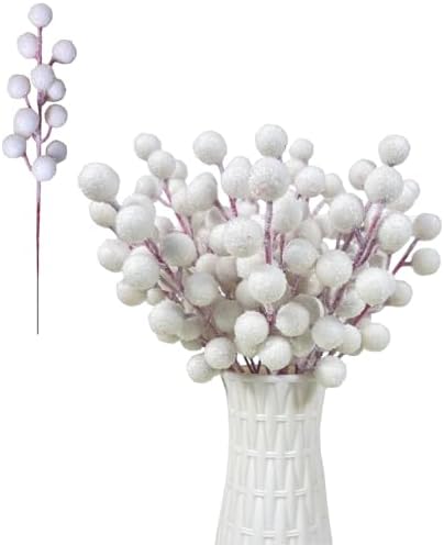 24pcs Frosted Red Berry Stems for Christmas Decor White