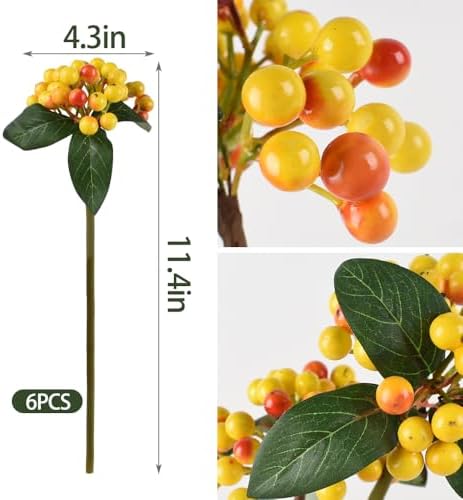 6 Piece Artificial Holly Berry Stems with Reddish-Yellow Berries