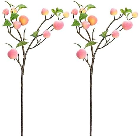 2 Pcs Artificial Peach Branch with Green Leaves