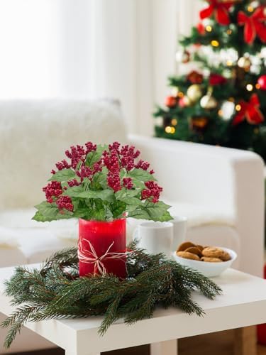 Artificial Holly Berries with Green Leaves 4Pcs