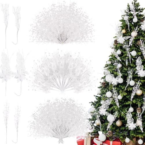 XunYee 60 Pcs Glitter Artificial Christmas Berry Stems Set
