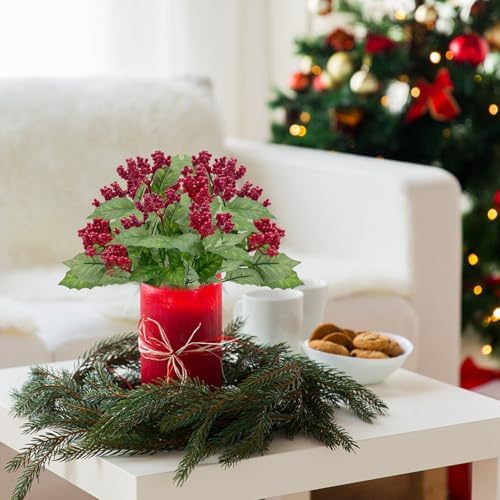 Artificial Holly Berries with Green Leaves 4Pcs