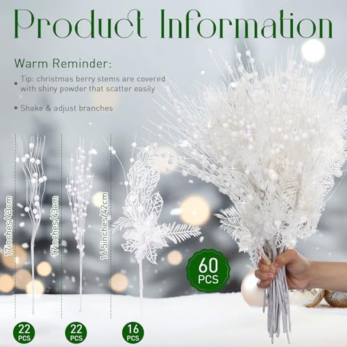 XunYee 60 Pcs Glitter Artificial Christmas Berry Stems Set