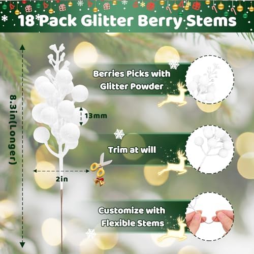 18 Pack White Christmas Tree Picks with Glitter Berries