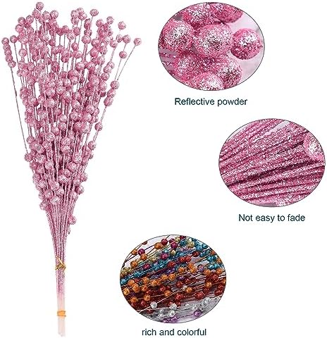 50Pcs Glitter Berry Stem Ornaments 157in Pink Christmas Branches