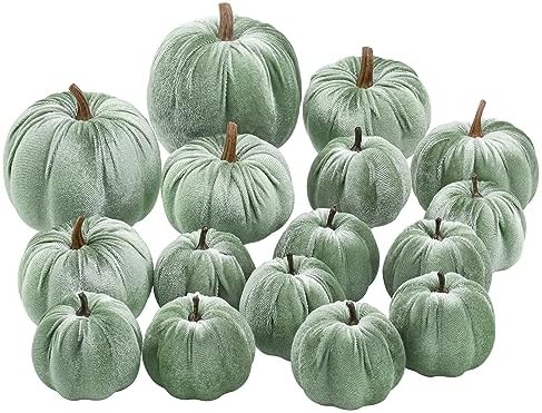 Woration 16pcs Velvet Artificial Pumpkins Set
