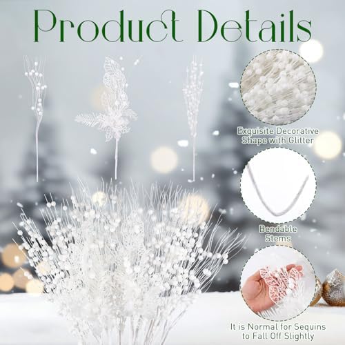 XunYee 60 Pcs Glitter Artificial Christmas Berry Stems Set