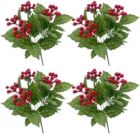 4PCS Artificial Holly Leaves Berries Bundle for Christmas Decor