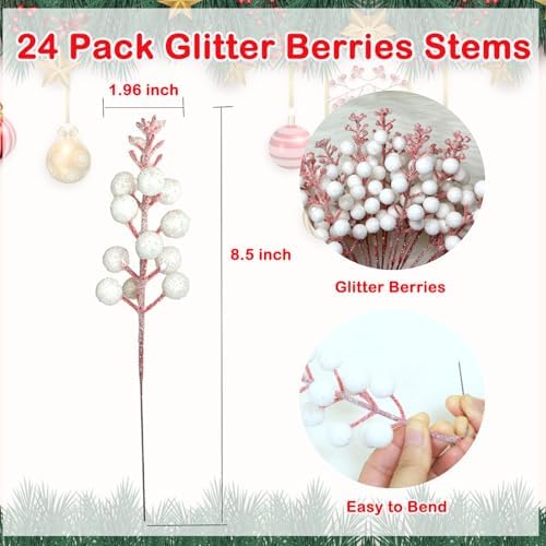 24 Pack Glitter Berry Stems for Christmas Decor