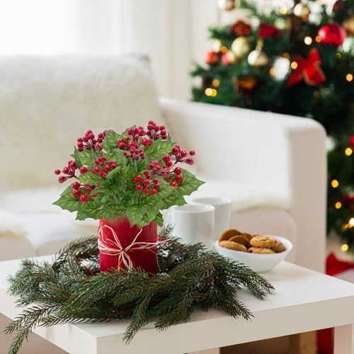 4PCS Artificial Holly Leaves Berries Bundle for Christmas Decor