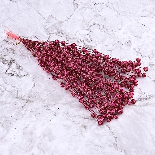 50Pcs Glitter Berry Stem Ornaments 157in Rose Red Christmas Decor