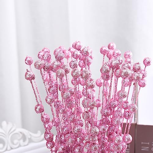 50Pcs Glitter Berry Stem Ornaments 157in Pink Christmas Branches