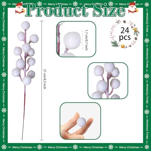 24pcs Frosted Red Berry Stems for Christmas Decor White