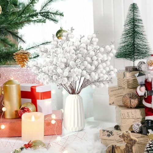 24 Pack Glitter Artificial Berry Stems 9 Inch Xmas Decorations