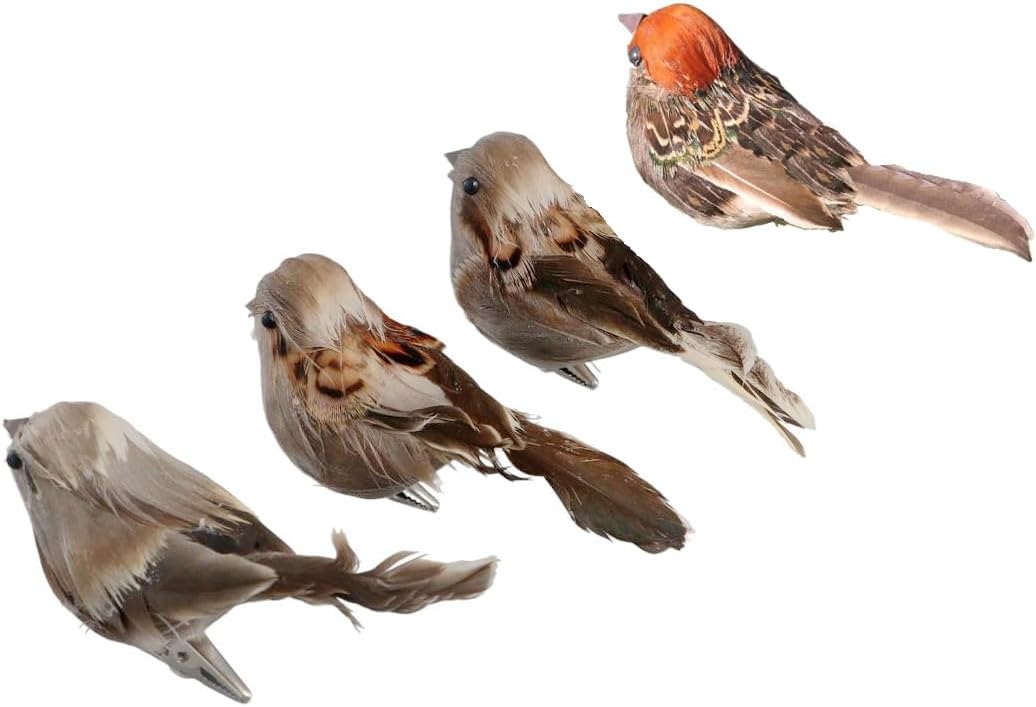 Pokinge 4Pcs Artificial Feather Sparrow Decor