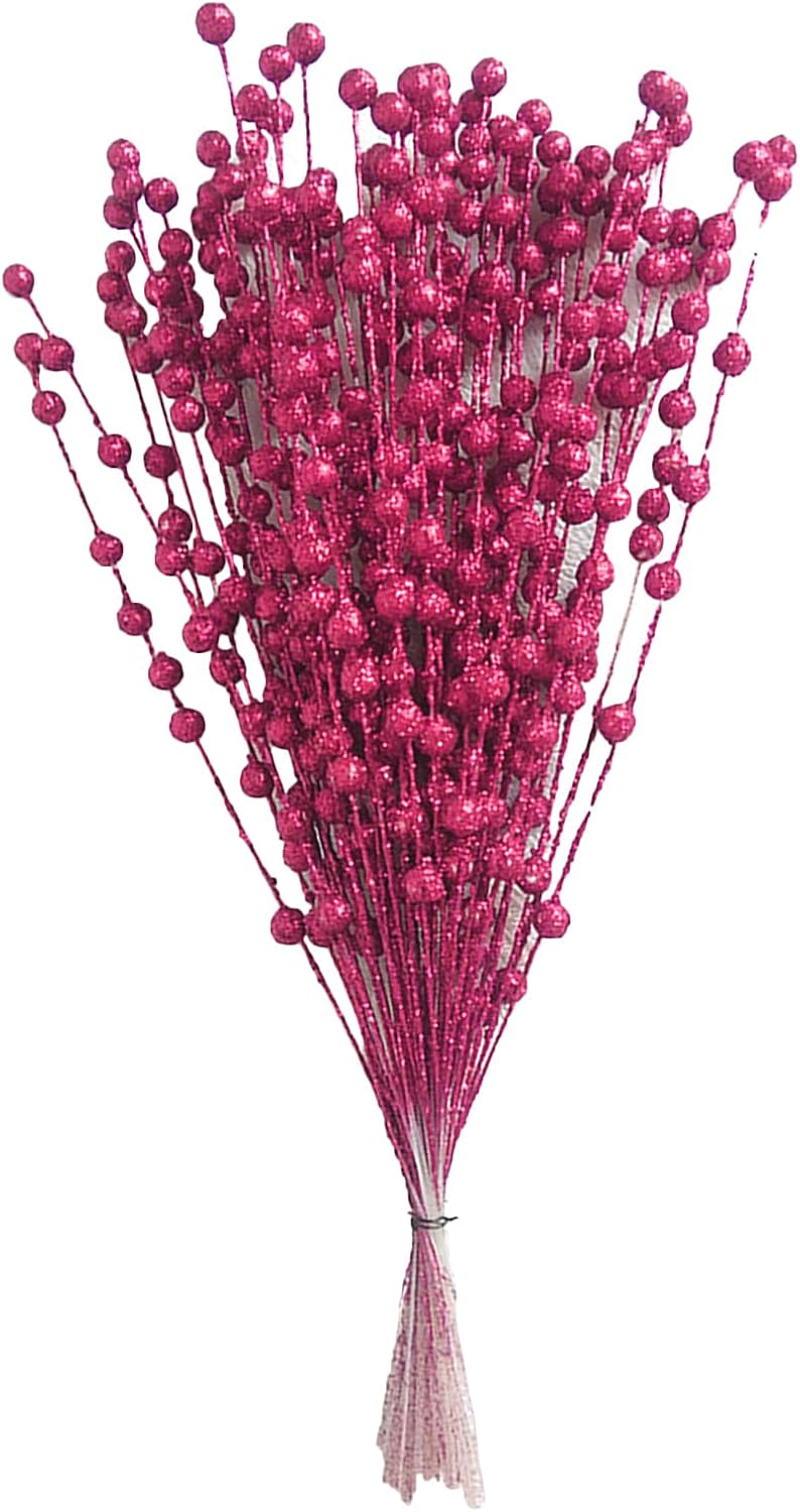 50Pcs Glitter Berry Stem Ornaments 157in Rose Red Christmas Decor