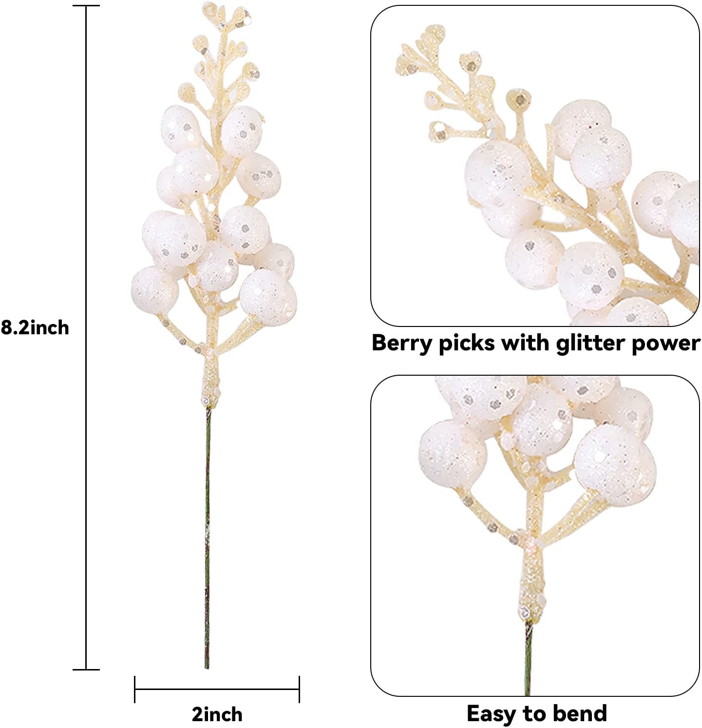 20 Pack White Glitter Berry Stems for Christmas Decor