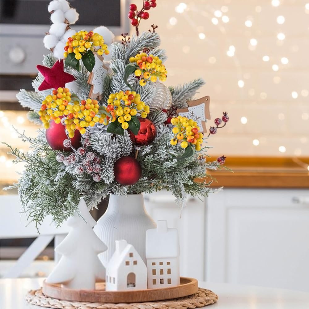 6 Piece Artificial Holly Berry Stems with Reddish-Yellow Berries