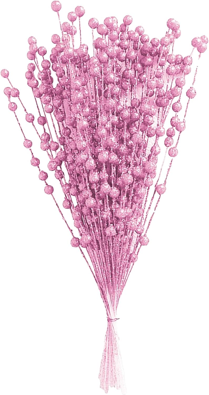 50Pcs Glitter Berry Stem Ornaments 157in Pink Christmas Branches