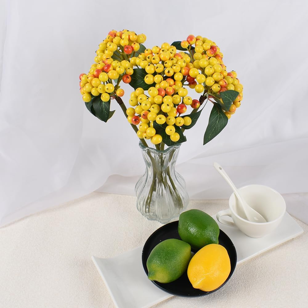 6 Piece Artificial Holly Berry Stems with Reddish-Yellow Berries