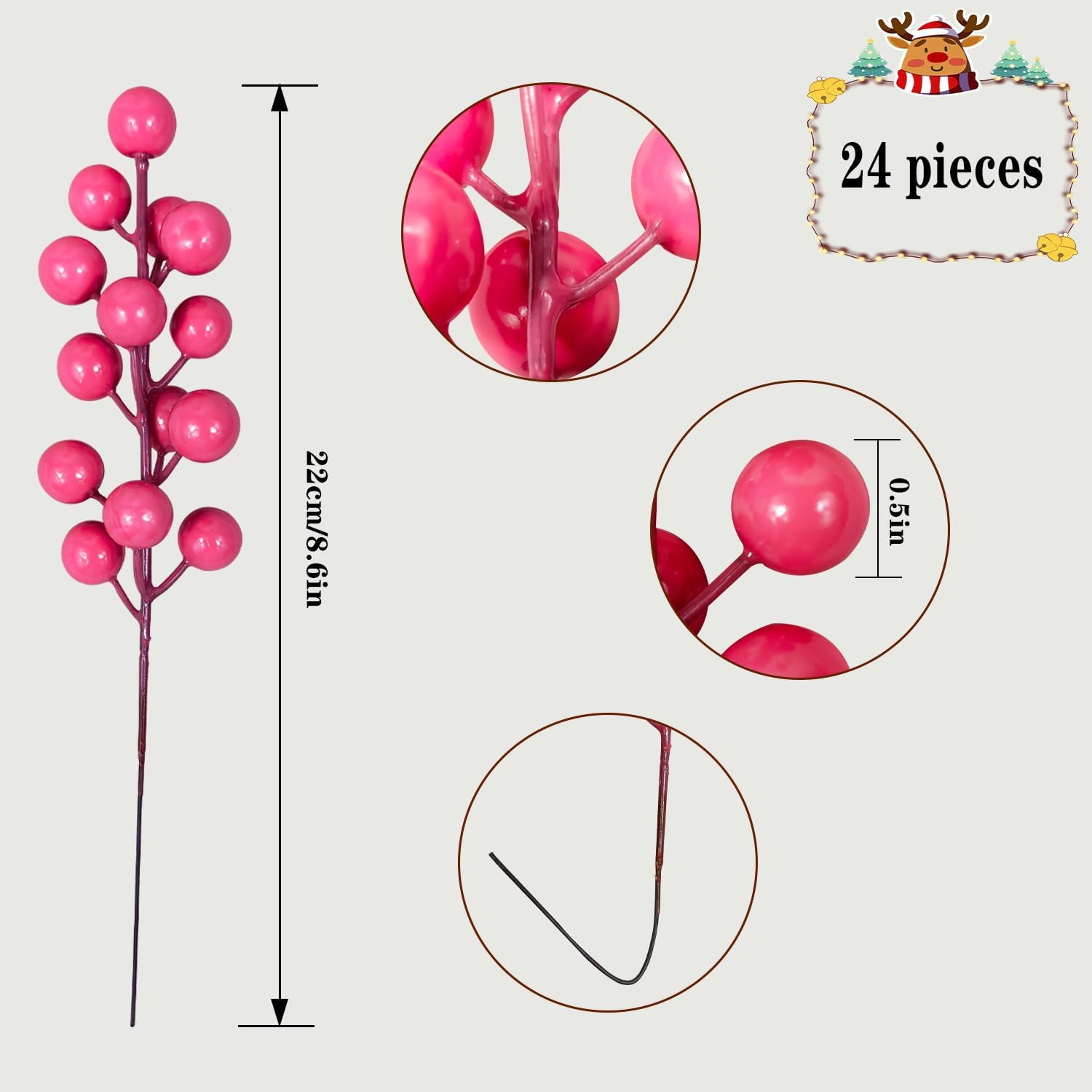 Pink Artificial Berry Stems 24pcs Xmas Decorations