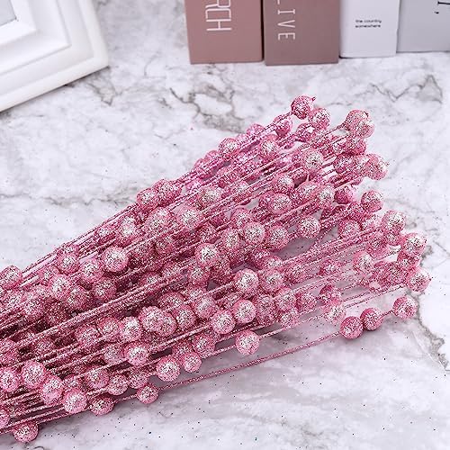 50Pcs Glitter Berry Stem Ornaments 157in Pink Christmas Branches
