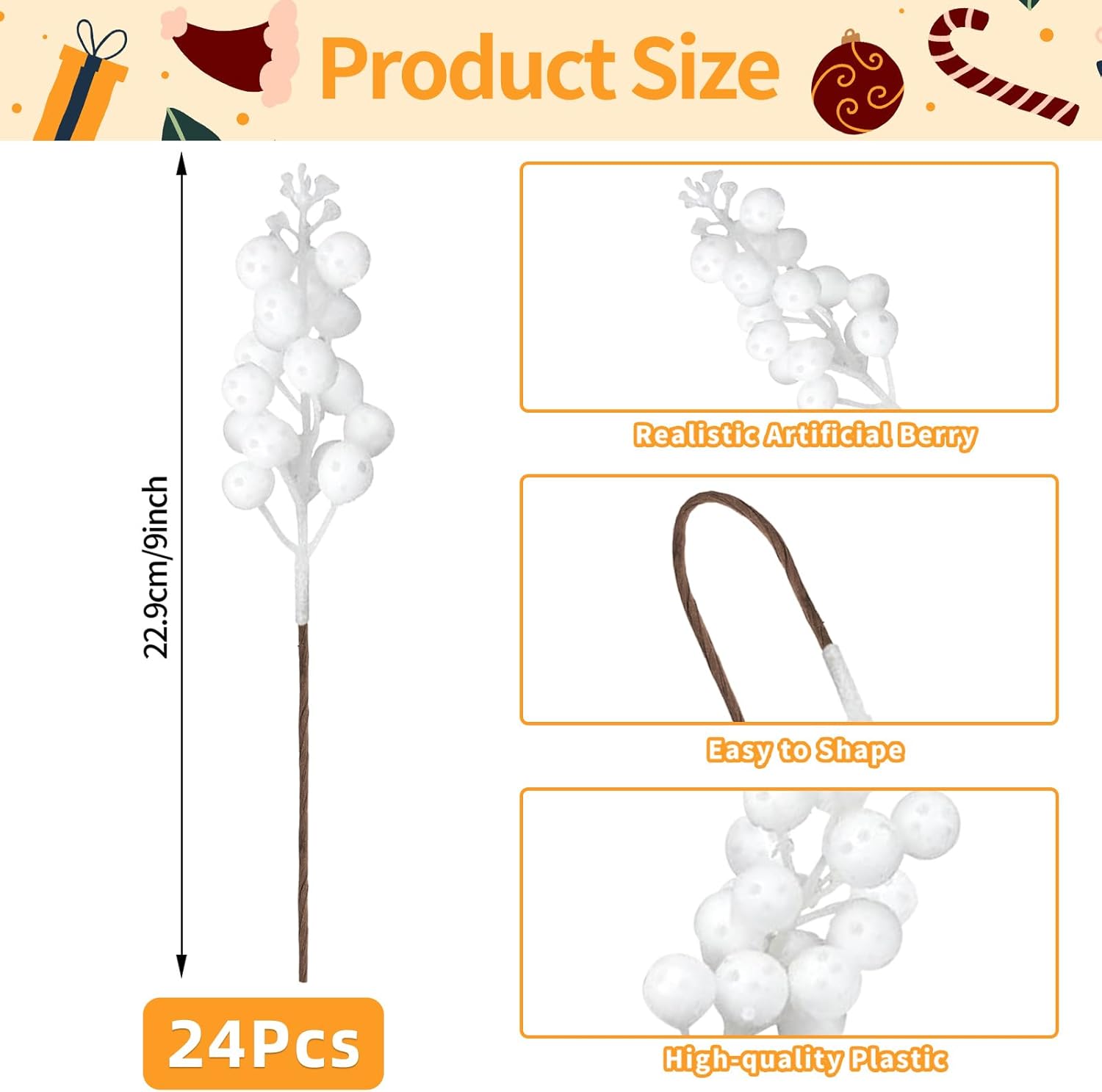 24 Pack Glitter Artificial Berry Stems 9 Inch Xmas Decorations