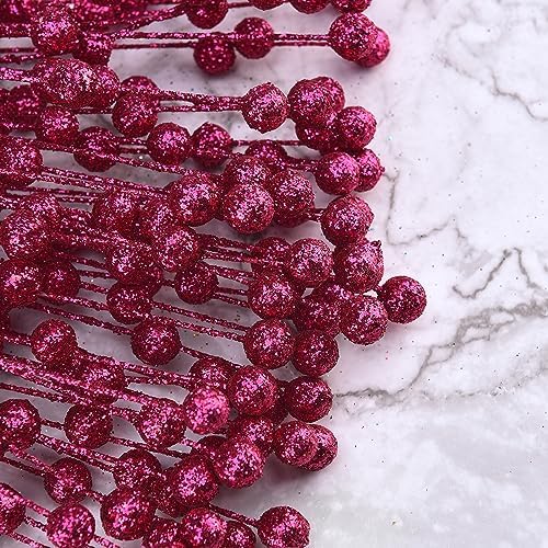 50Pcs Glitter Berry Stem Ornaments 157in Rose Red Christmas Decor