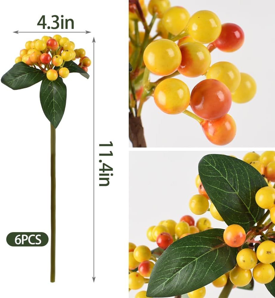6 Piece Artificial Holly Berry Stems with Reddish-Yellow Berries
