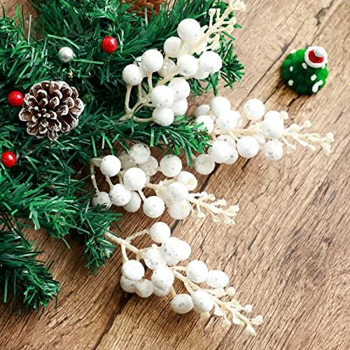 20 Pack White Glitter Berry Stems for Christmas Decor