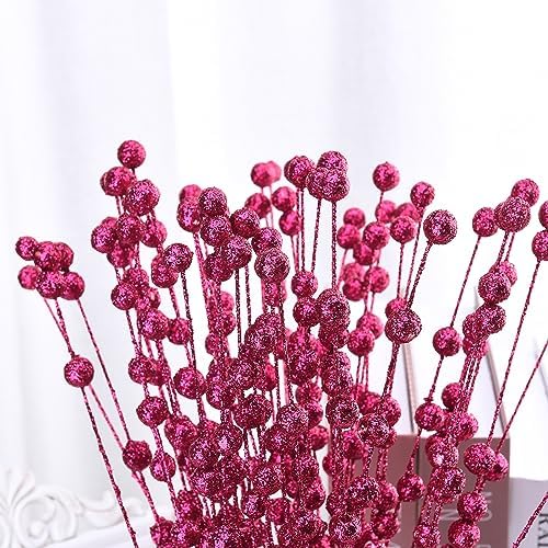 50Pcs Glitter Berry Stem Ornaments 157in Rose Red Christmas Decor