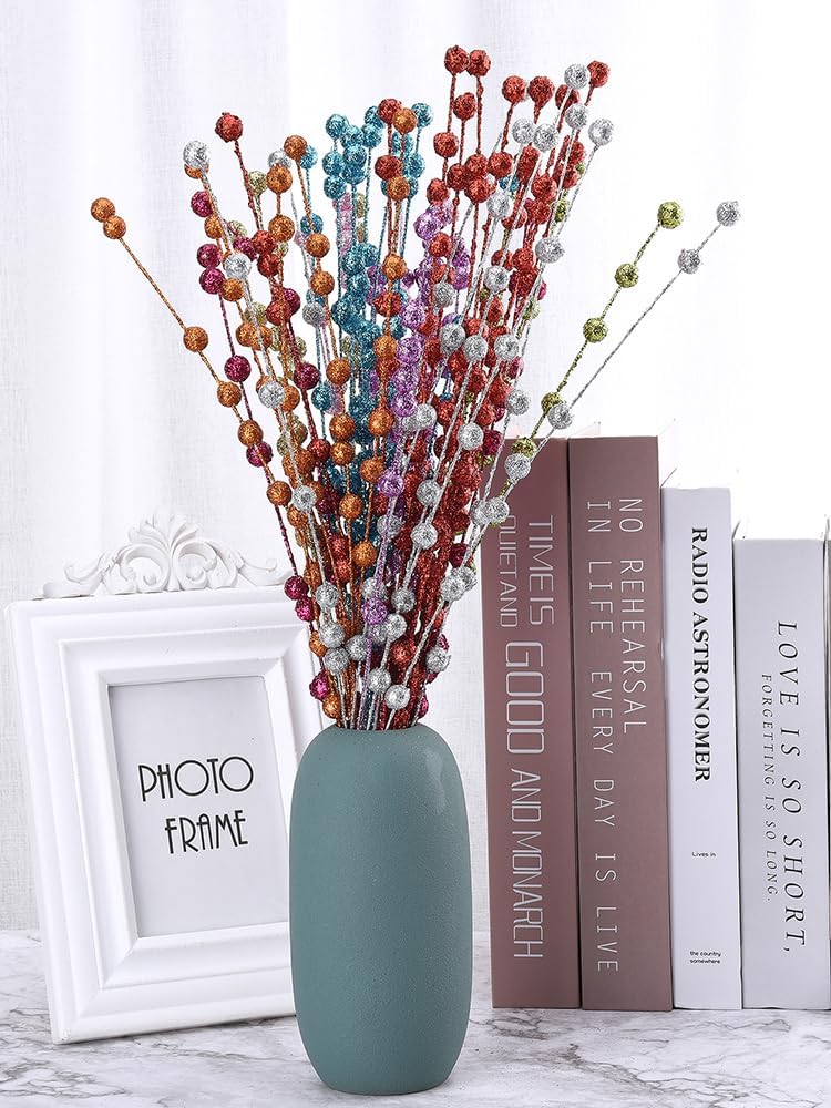 50Pcs Glitter Berry Stem Ornaments 157in Rose Red Christmas Decor