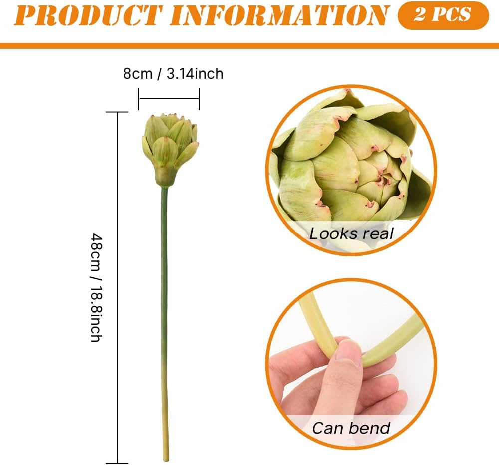 Artificial Artichokes with Stems 2Pcs for Home Decor
