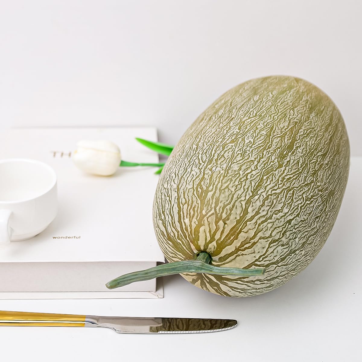 Folmywy Realistic Fake Cantaloupe 12 Inch Decoration