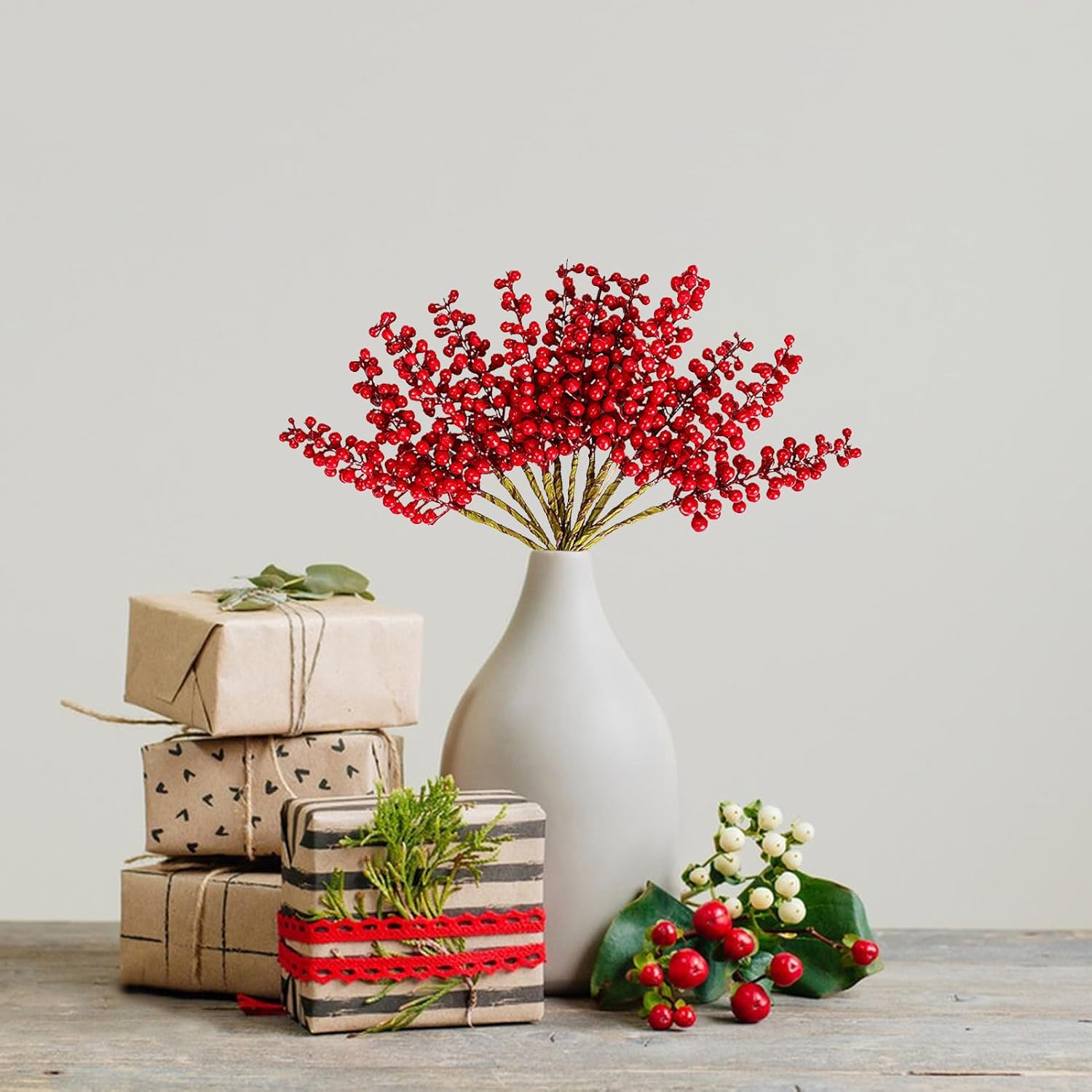 12Pcs Artificial Holly Berries 9in Fall and Christmas Decor Stems