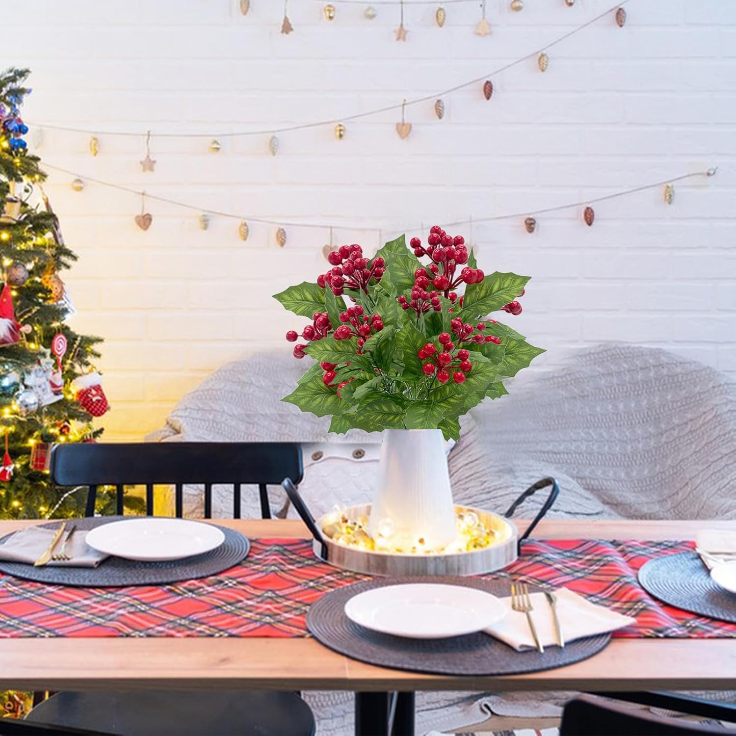4PCS Artificial Holly Leaves Berries Bundle for Christmas Decor