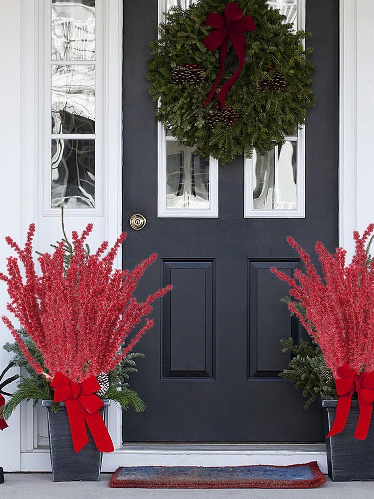Red Christmas Holly Berry Branches Artificial Fruit Stems