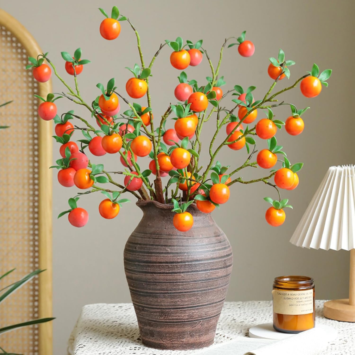 2 Pcs Artificial Persimmon Branches 70cm Decorative Fruits