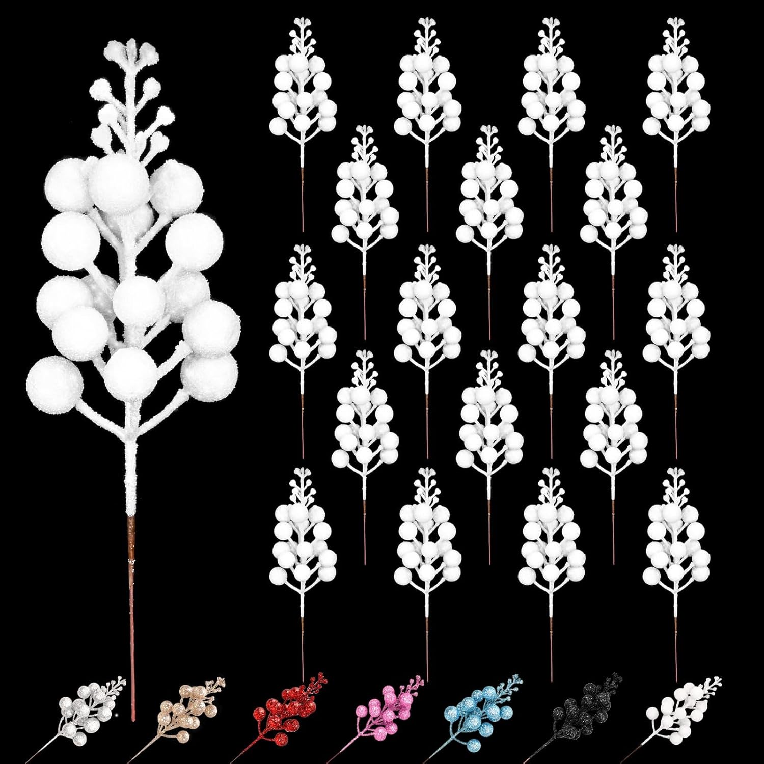 18 Pack White Christmas Tree Picks with Glitter Berries