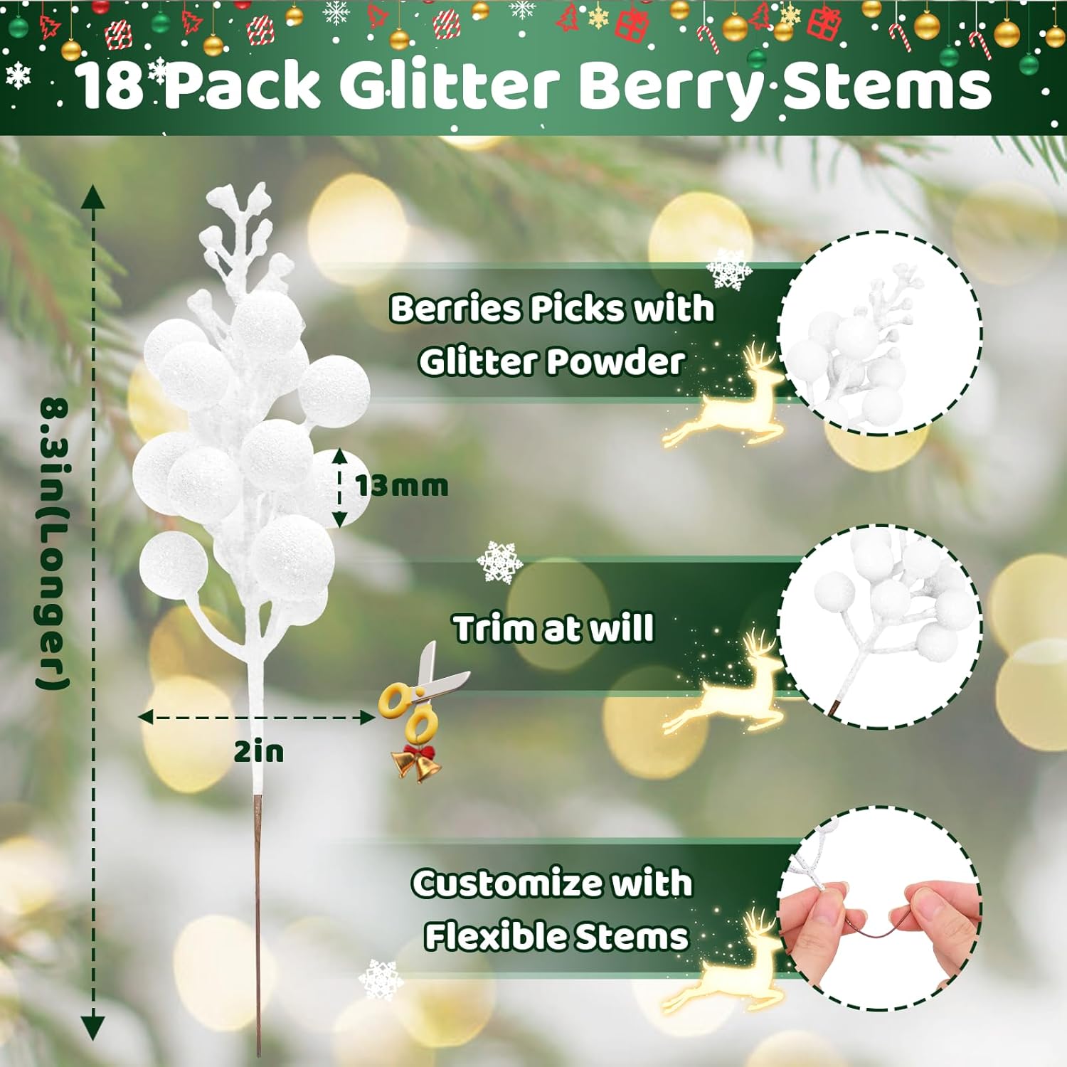 18 Pack White Christmas Tree Picks with Glitter Berries