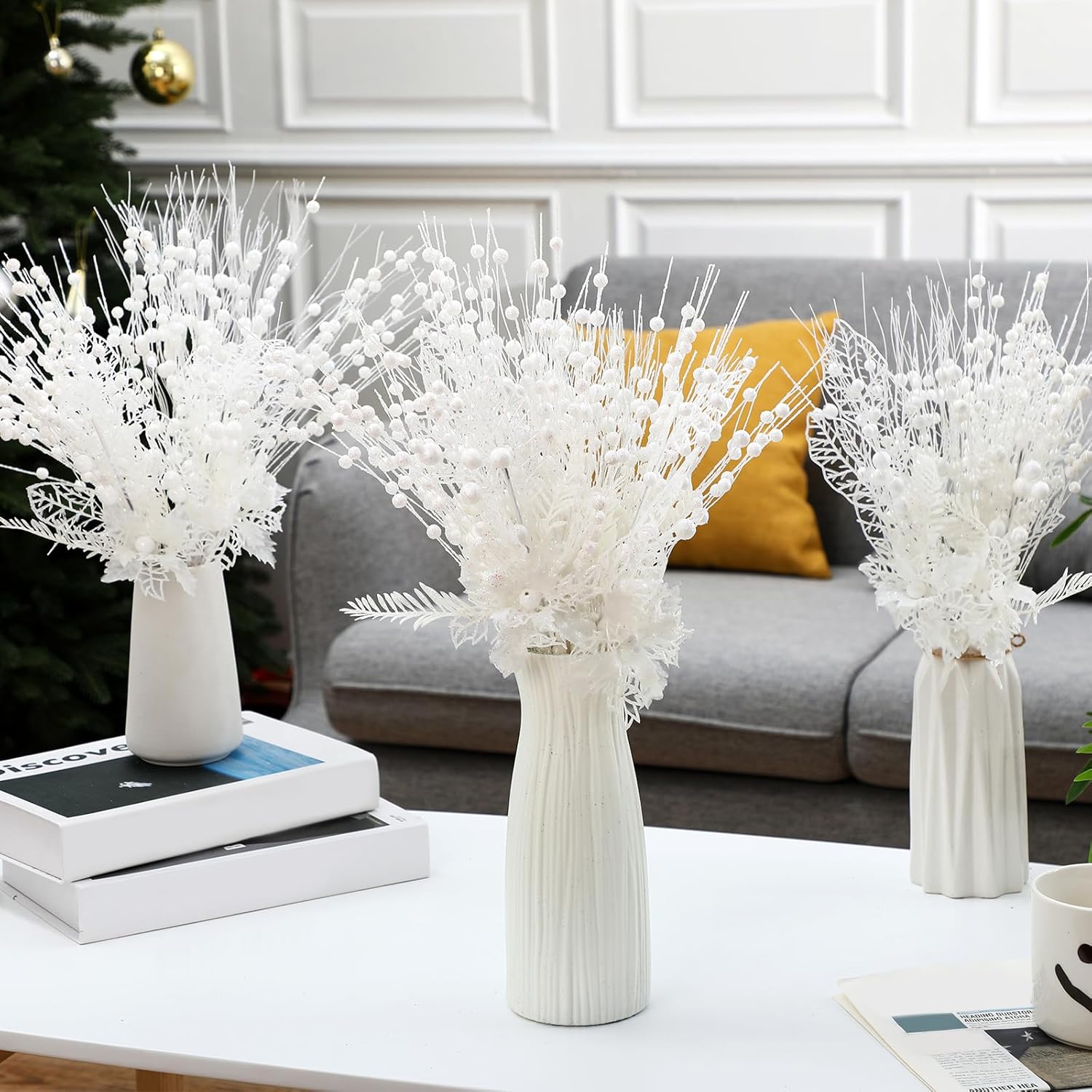 XunYee 60 Pcs Glitter Artificial Christmas Berry Stems Set