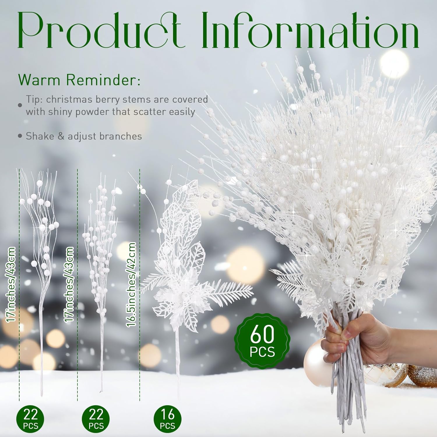 XunYee 60 Pcs Glitter Artificial Christmas Berry Stems Set