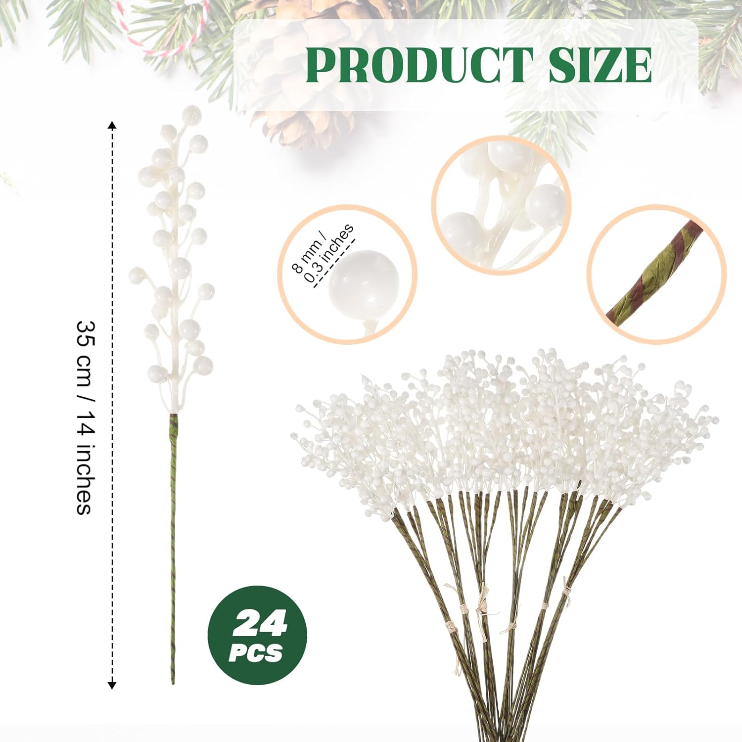 24 Pack White Artificial Berry Stems for Christmas Decor