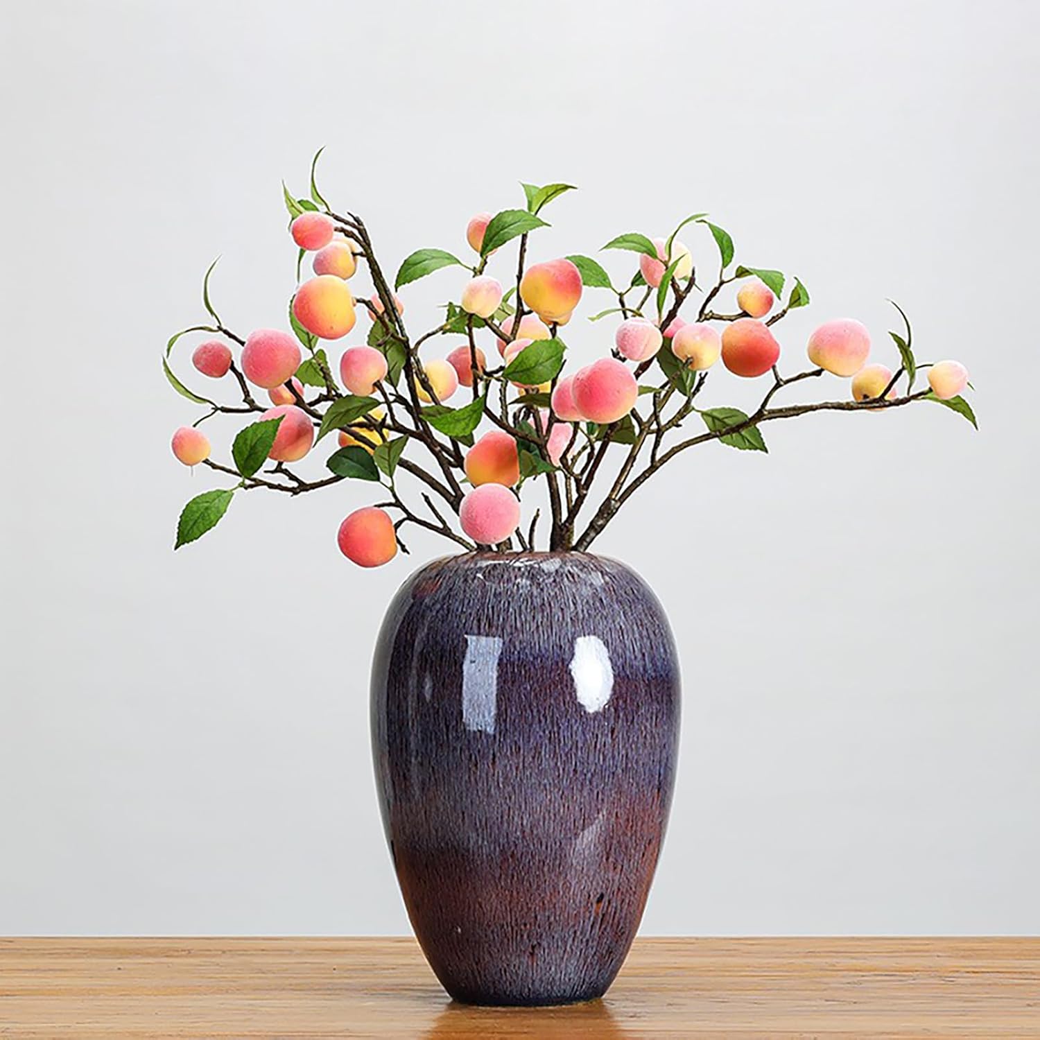 2 Pcs Artificial Peach Branch with Green Leaves