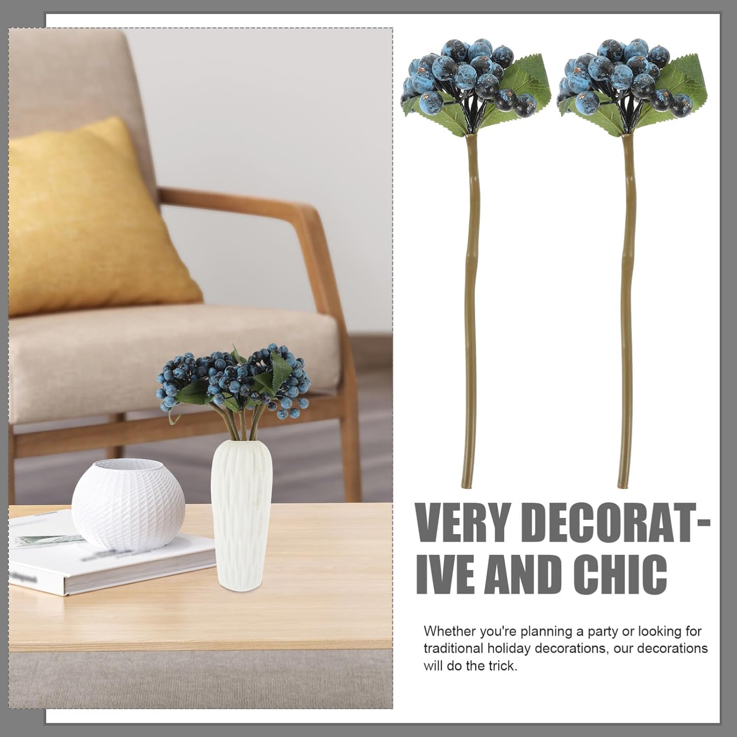 VOSAREA Blue Artificial Berry Branches for Christmas Decor